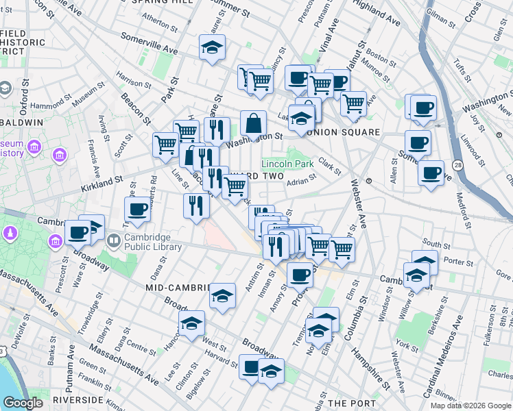 map of restaurants, bars, coffee shops, grocery stores, and more near 10 Wyatt Circle in Somerville