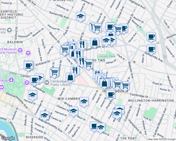 map of restaurants, bars, coffee shops, grocery stores, and more near 15 Buckingham Street in Somerville