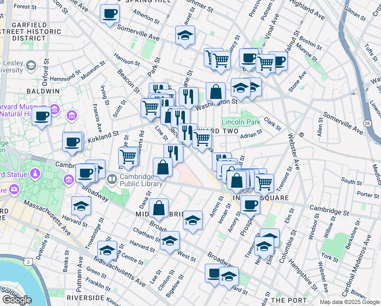 map of restaurants, bars, coffee shops, grocery stores, and more near 76 Beacon Street in Somerville