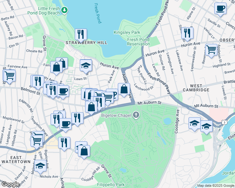 map of restaurants, bars, coffee shops, grocery stores, and more near 47 Homer Avenue in Cambridge