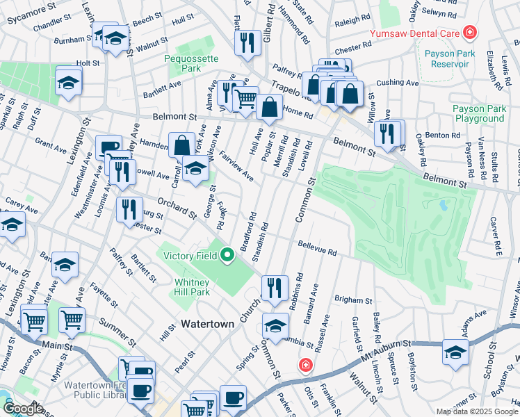 map of restaurants, bars, coffee shops, grocery stores, and more near 76 Bradford Road in Watertown
