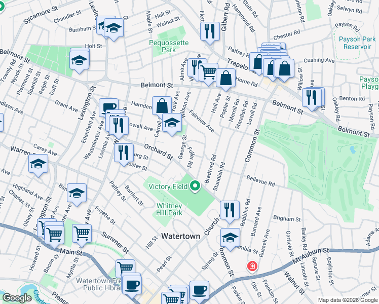 map of restaurants, bars, coffee shops, grocery stores, and more near 50 Fuller Road in Watertown