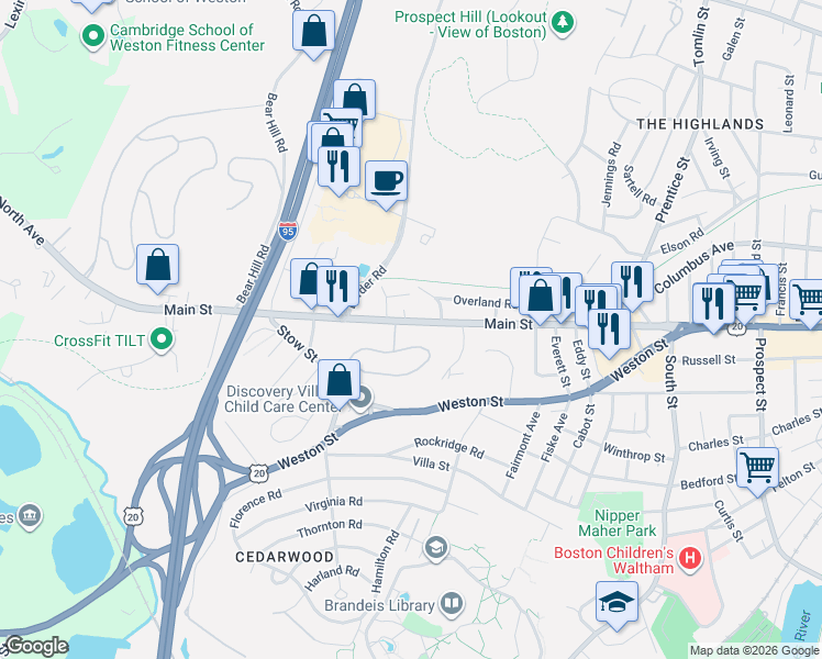map of restaurants, bars, coffee shops, grocery stores, and more near 1186 Main Street in Waltham