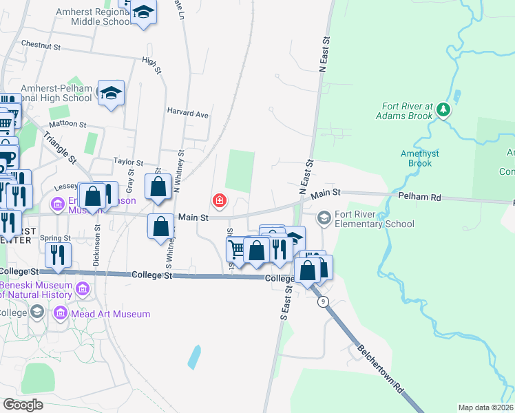 map of restaurants, bars, coffee shops, grocery stores, and more near 44 Salem Place in Amherst