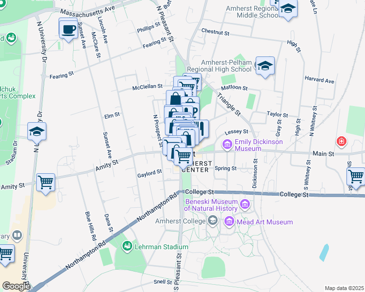 map of restaurants, bars, coffee shops, grocery stores, and more near 47 Boltwood Walk in Amherst