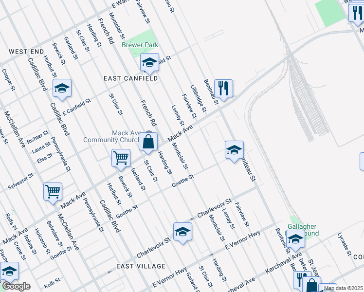 map of restaurants, bars, coffee shops, grocery stores, and more near in Detroit