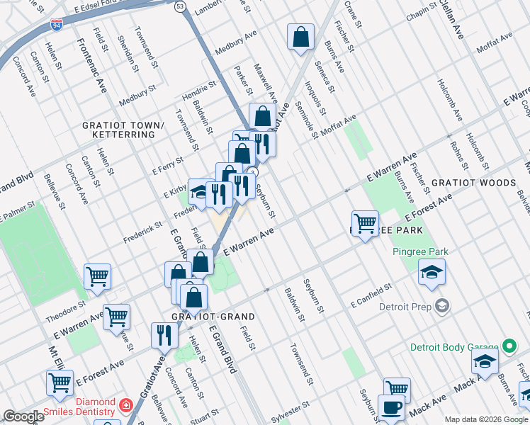 map of restaurants, bars, coffee shops, grocery stores, and more near 5077 Seyburn Street in Detroit