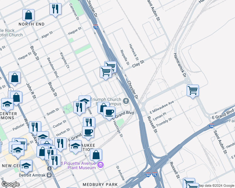 map of restaurants, bars, coffee shops, grocery stores, and more near 7509 Chrysler Drive in Detroit