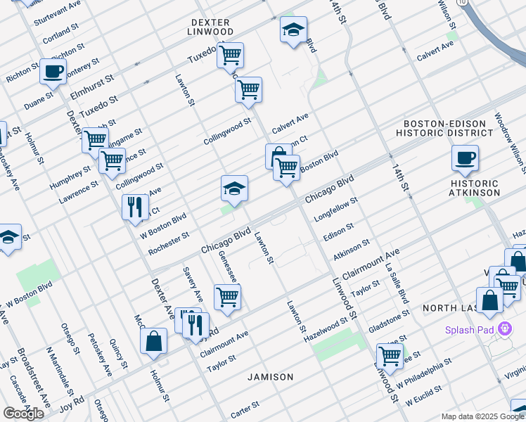 map of restaurants, bars, coffee shops, grocery stores, and more near 2715 Rochester Street in Detroit
