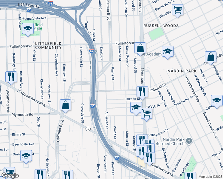 map of restaurants, bars, coffee shops, grocery stores, and more near 12019 Prairie Street in Detroit