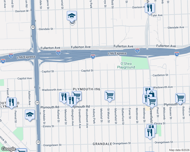 map of restaurants, bars, coffee shops, grocery stores, and more near 12131 Mettetal Street in Detroit