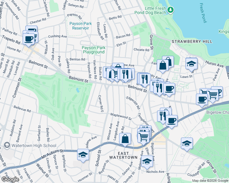 map of restaurants, bars, coffee shops, grocery stores, and more near 165 Winsor Avenue in Watertown