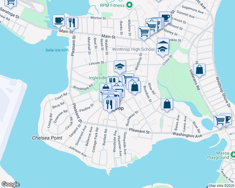 map of restaurants, bars, coffee shops, grocery stores, and more near 5 Fremont Street in Winthrop