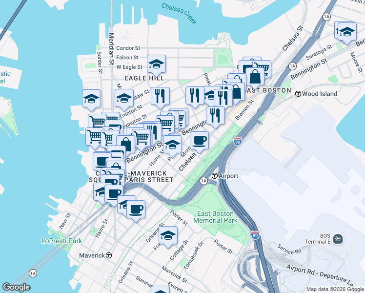 map of restaurants, bars, coffee shops, grocery stores, and more near 303 Paris Street in Boston