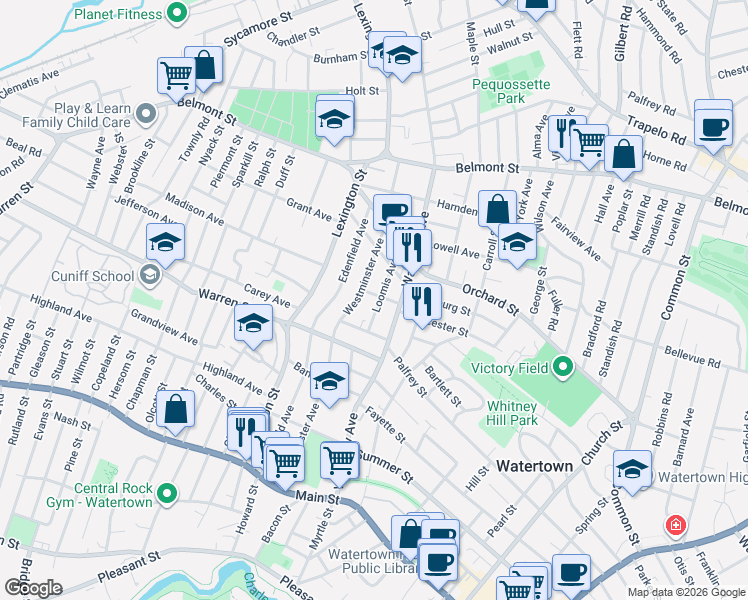map of restaurants, bars, coffee shops, grocery stores, and more near 20 Gertrude Street in Watertown