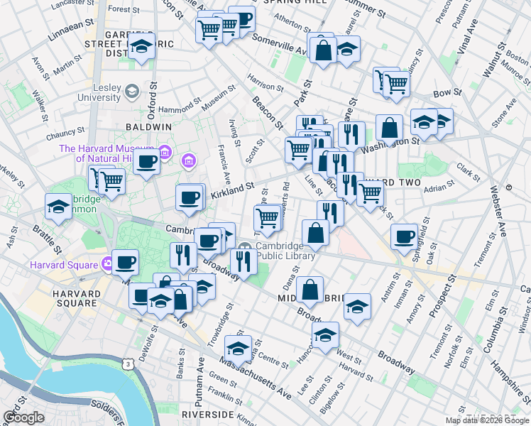 map of restaurants, bars, coffee shops, grocery stores, and more near 102 Trowbridge Street in Cambridge