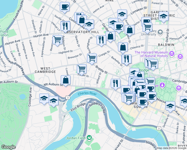 map of restaurants, bars, coffee shops, grocery stores, and more near 17 Brown Street in Cambridge