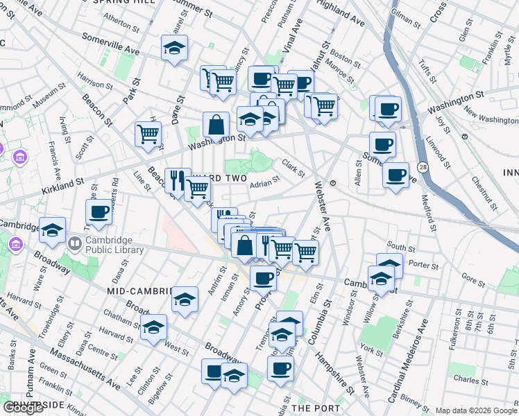 map of restaurants, bars, coffee shops, grocery stores, and more near 68 Concord Avenue in Somerville