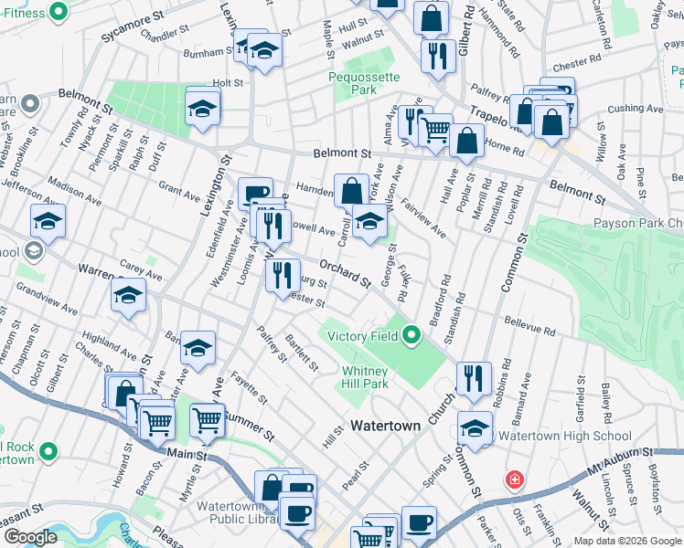 map of restaurants, bars, coffee shops, grocery stores, and more near 186 Orchard Street in Watertown