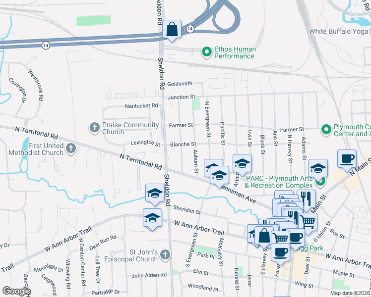 map of restaurants, bars, coffee shops, grocery stores, and more near 401 Sunset Street in Plymouth