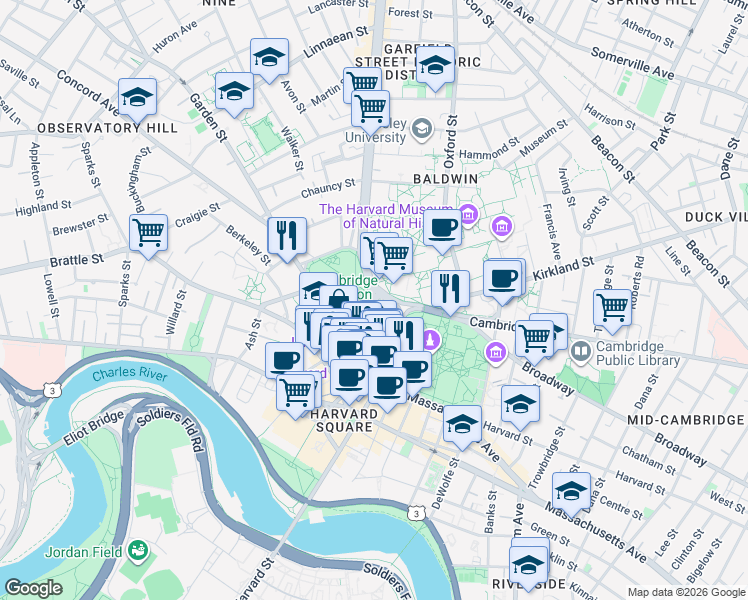 map of restaurants, bars, coffee shops, grocery stores, and more near 1511 Massachusetts Avenue in Cambridge