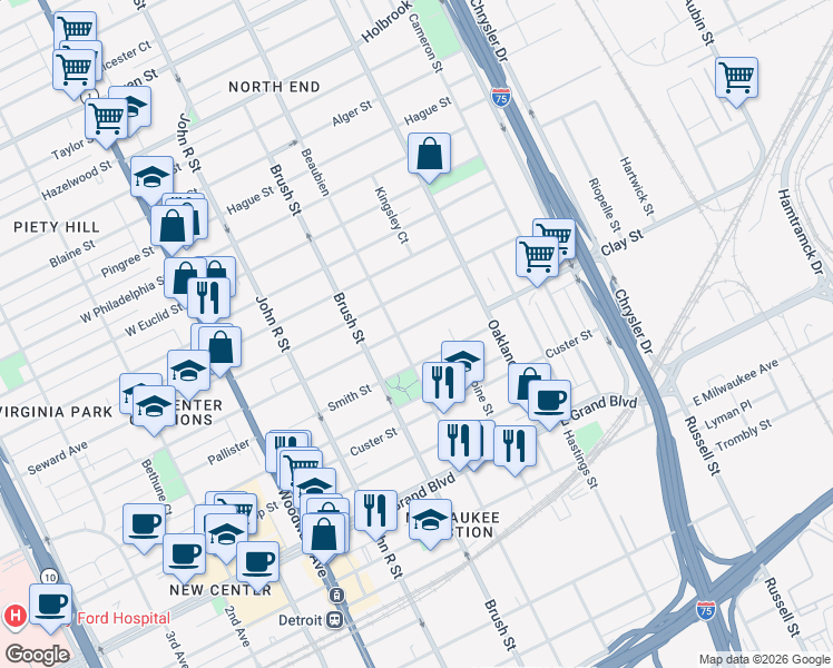 map of restaurants, bars, coffee shops, grocery stores, and more near 530 Chandler Street in Detroit