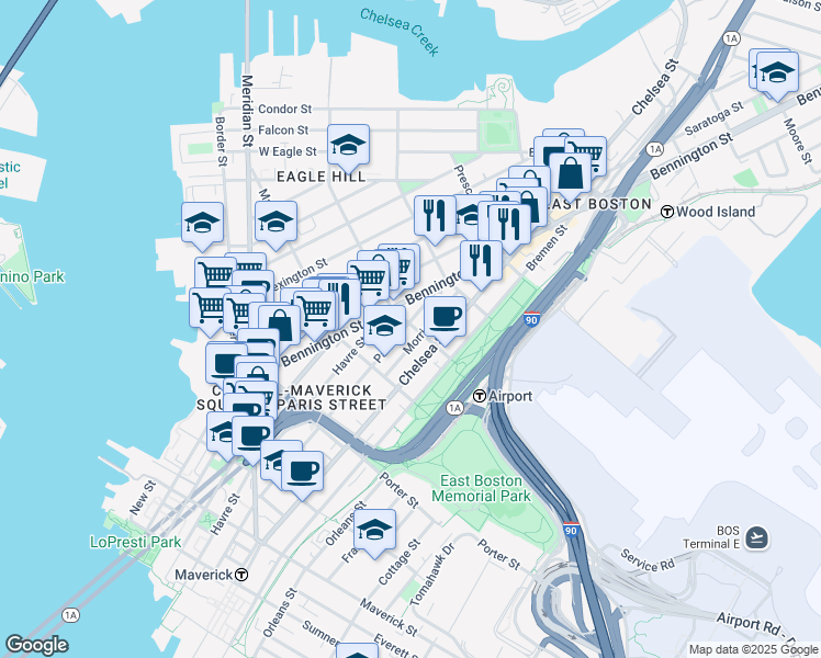 map of restaurants, bars, coffee shops, grocery stores, and more near 303 Paris Street in Boston