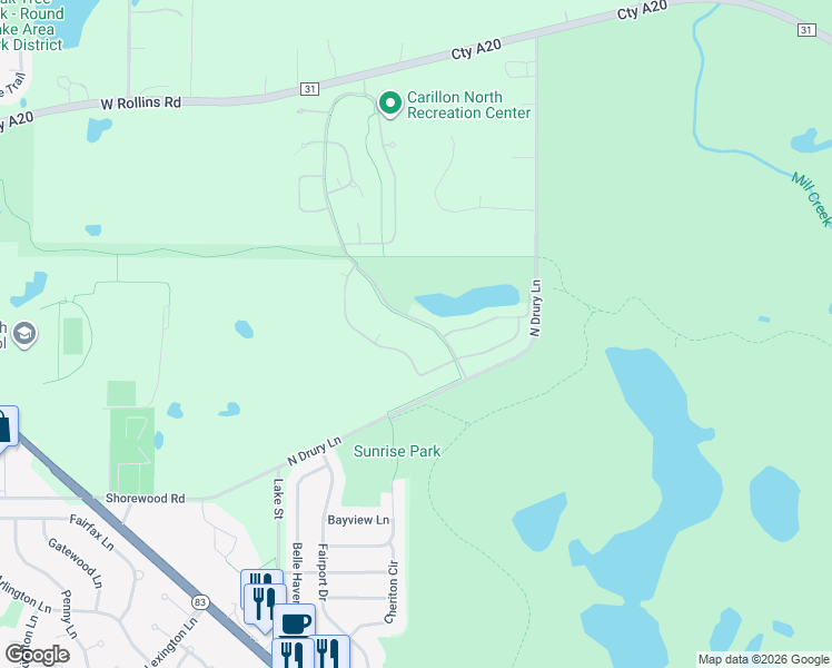 map of restaurants, bars, coffee shops, grocery stores, and more near 2062 Carillon Drive in Grayslake