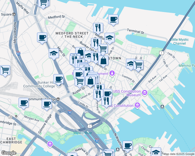 map of restaurants, bars, coffee shops, grocery stores, and more near 5 Cross Street in Boston