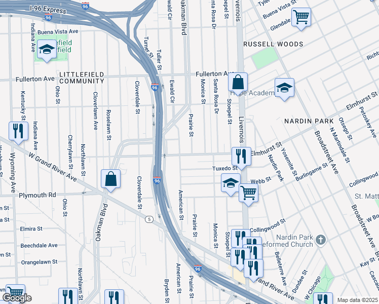 map of restaurants, bars, coffee shops, grocery stores, and more near 12003 Prairie Street in Detroit