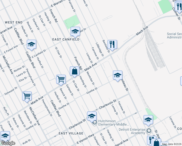 map of restaurants, bars, coffee shops, grocery stores, and more near 3550 Montclair Street in Detroit