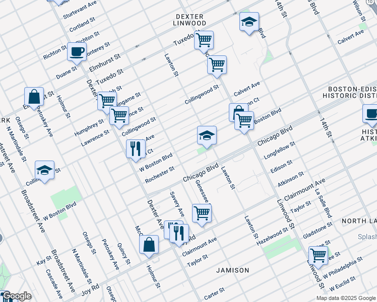 map of restaurants, bars, coffee shops, grocery stores, and more near 3009 West Boston Boulevard in Detroit