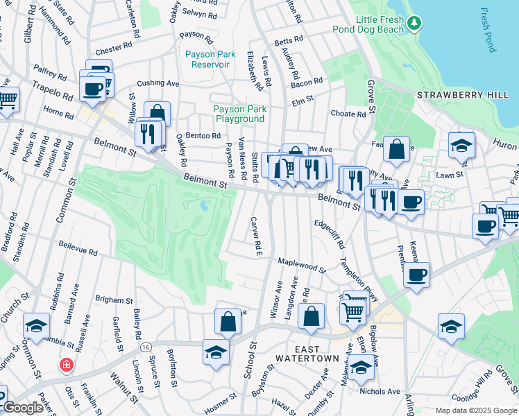 map of restaurants, bars, coffee shops, grocery stores, and more near 18 Carver Road in Watertown