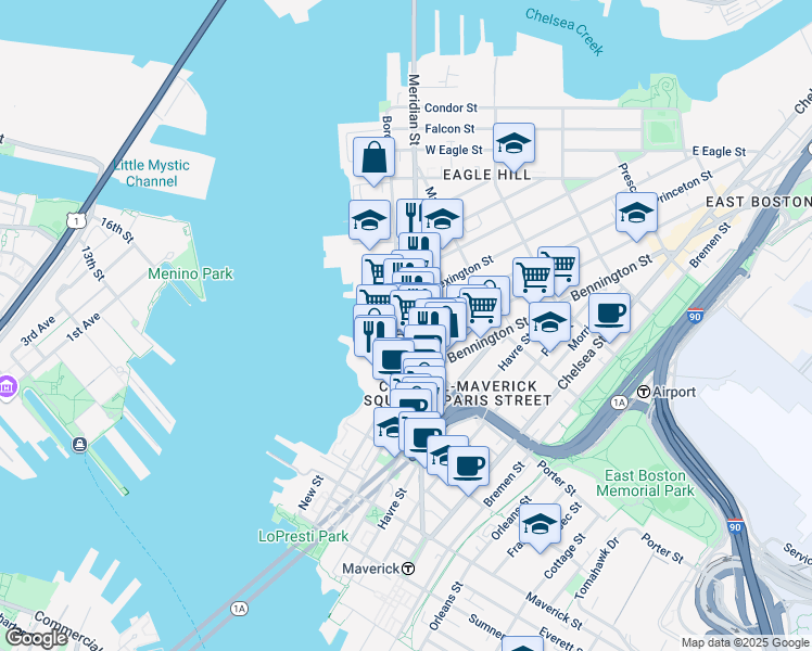 map of restaurants, bars, coffee shops, grocery stores, and more near 239 Border Street in Boston