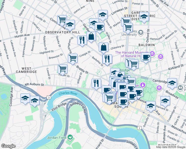 map of restaurants, bars, coffee shops, grocery stores, and more near 101 Brattle Street in Cambridge