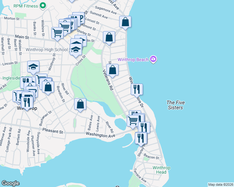 map of restaurants, bars, coffee shops, grocery stores, and more near 313 Shirley Street in Winthrop