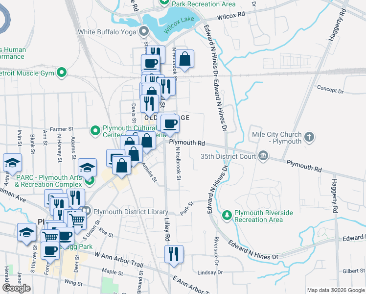 map of restaurants, bars, coffee shops, grocery stores, and more near 244 Plymouth Road in Plymouth