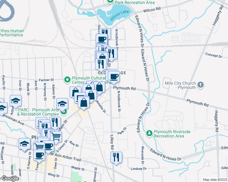 map of restaurants, bars, coffee shops, grocery stores, and more near 150 Plymouth Road in Plymouth
