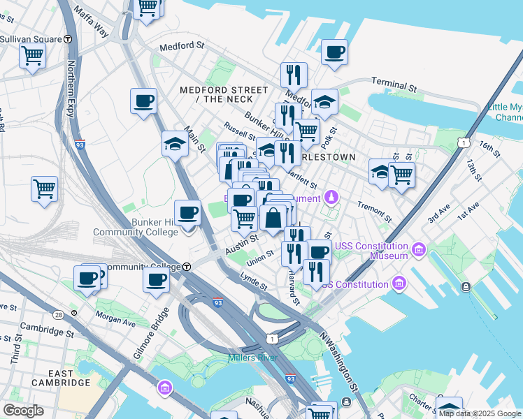 map of restaurants, bars, coffee shops, grocery stores, and more near 219 Main Street in Boston