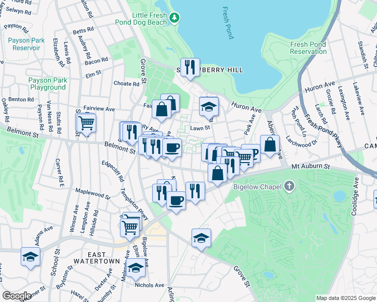 map of restaurants, bars, coffee shops, grocery stores, and more near 55 Thingvalla Avenue in Cambridge