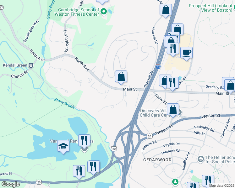 map of restaurants, bars, coffee shops, grocery stores, and more near 1400 Main Street in Waltham