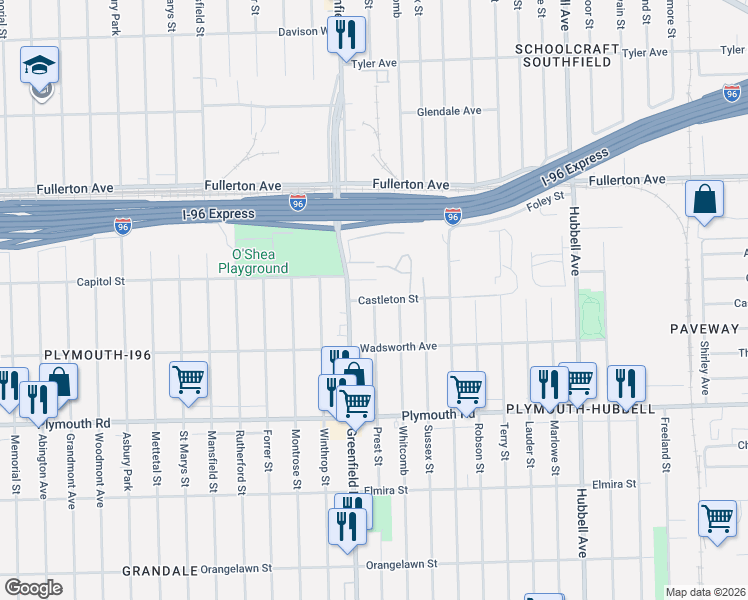 map of restaurants, bars, coffee shops, grocery stores, and more near Prest Street in Detroit