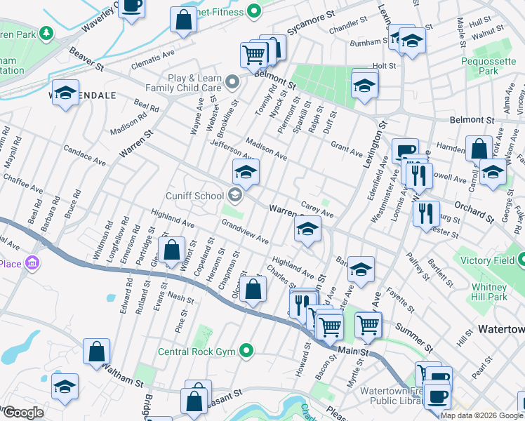 map of restaurants, bars, coffee shops, grocery stores, and more near 212 Warren Street in Watertown