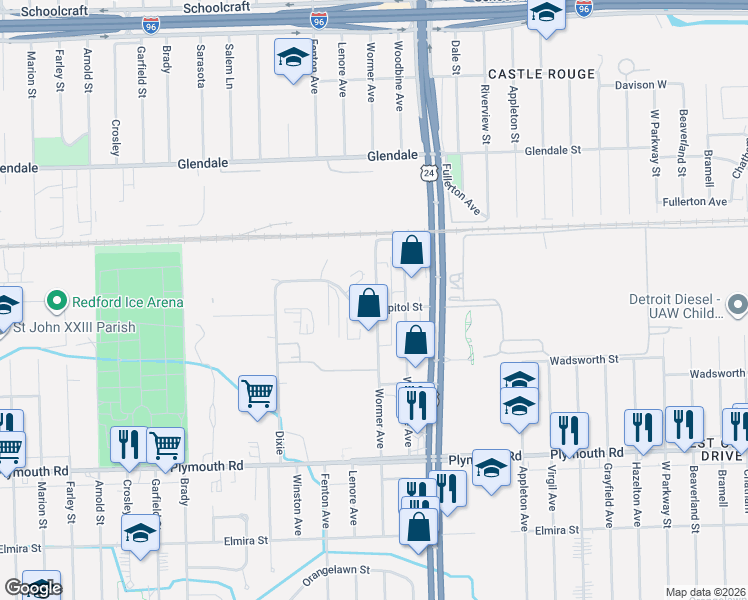map of restaurants, bars, coffee shops, grocery stores, and more near 24300 Capitol in Redford Charter Township