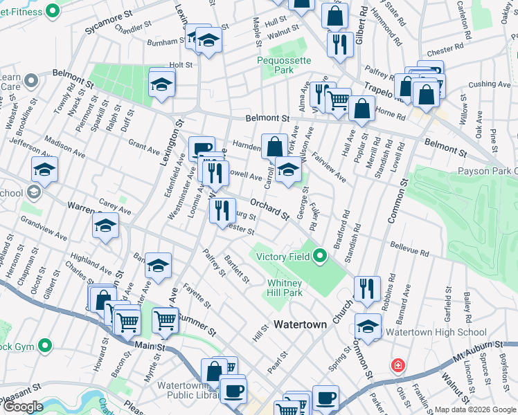 map of restaurants, bars, coffee shops, grocery stores, and more near 184 Orchard Street in Watertown