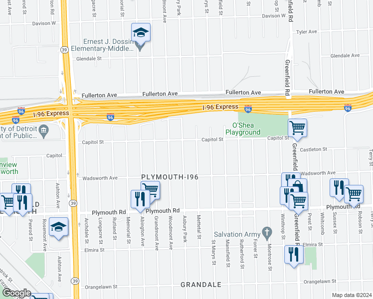 map of restaurants, bars, coffee shops, grocery stores, and more near 12116 Asbury Park in Detroit