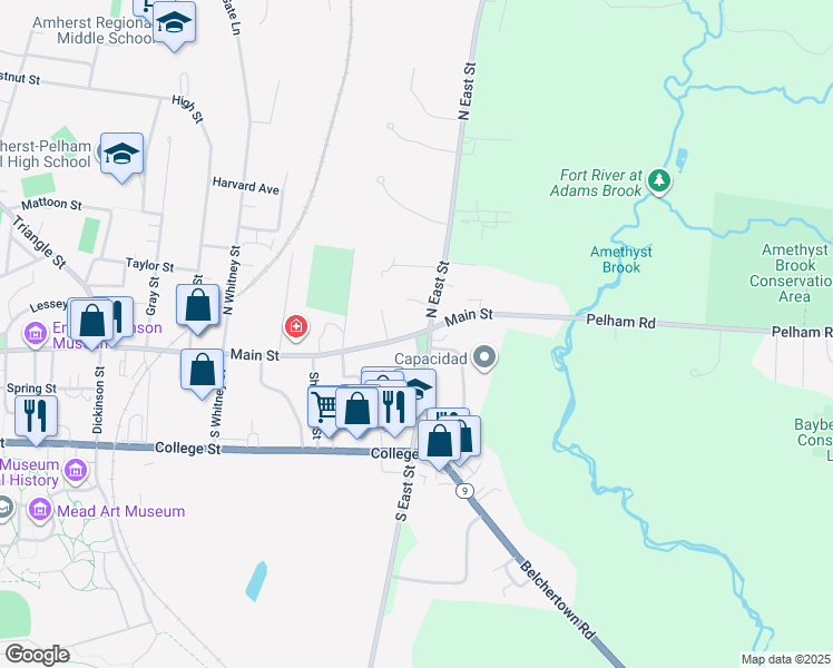 map of restaurants, bars, coffee shops, grocery stores, and more near 750 Main Street in Amherst