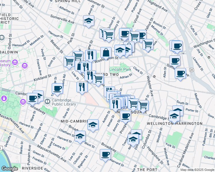 map of restaurants, bars, coffee shops, grocery stores, and more near 15 Dimick Street in Somerville