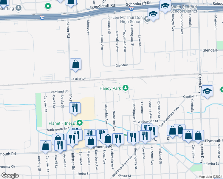 map of restaurants, bars, coffee shops, grocery stores, and more near 12293 Nathaline in Redford Charter Township