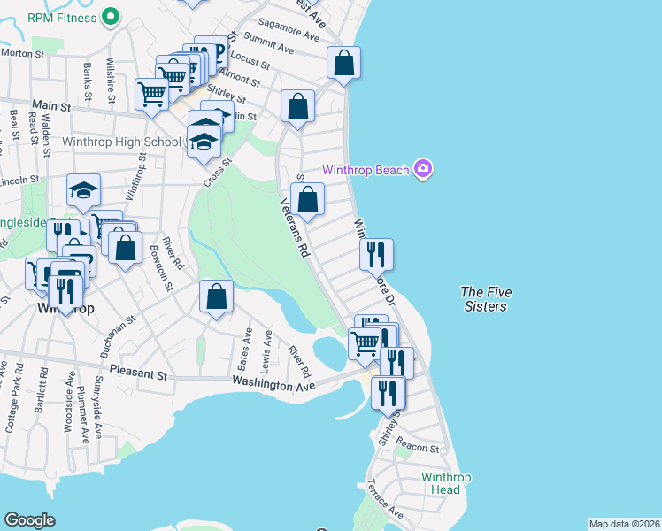map of restaurants, bars, coffee shops, grocery stores, and more near 313 Shirley Street in Winthrop